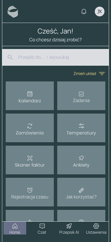 Dashboard aplikacji Restimation z ośmioma modułami