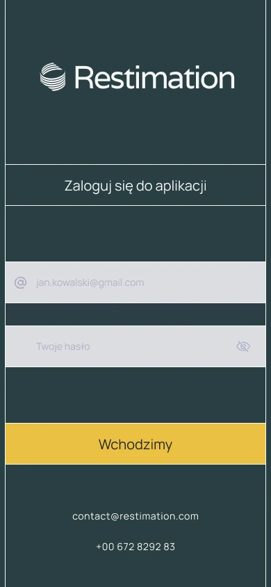 Ekran logowania aplikacji Restimation