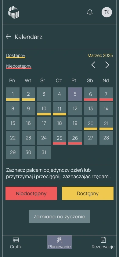 Ekran planowania dostępności w aplikacji Restimation
