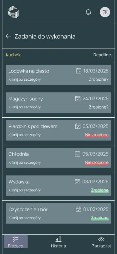 Ekran zadań aplikacji Restimation