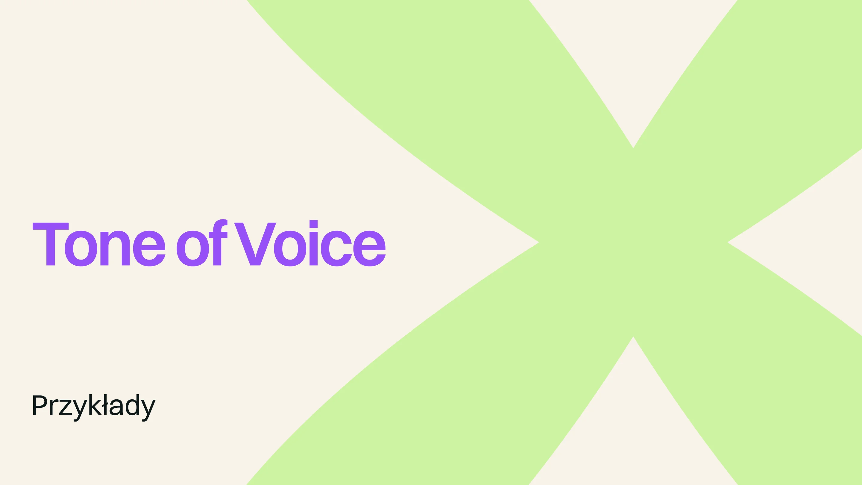 Slajd „Tone of Voice — Przykłady" z mint X i violet typografią
