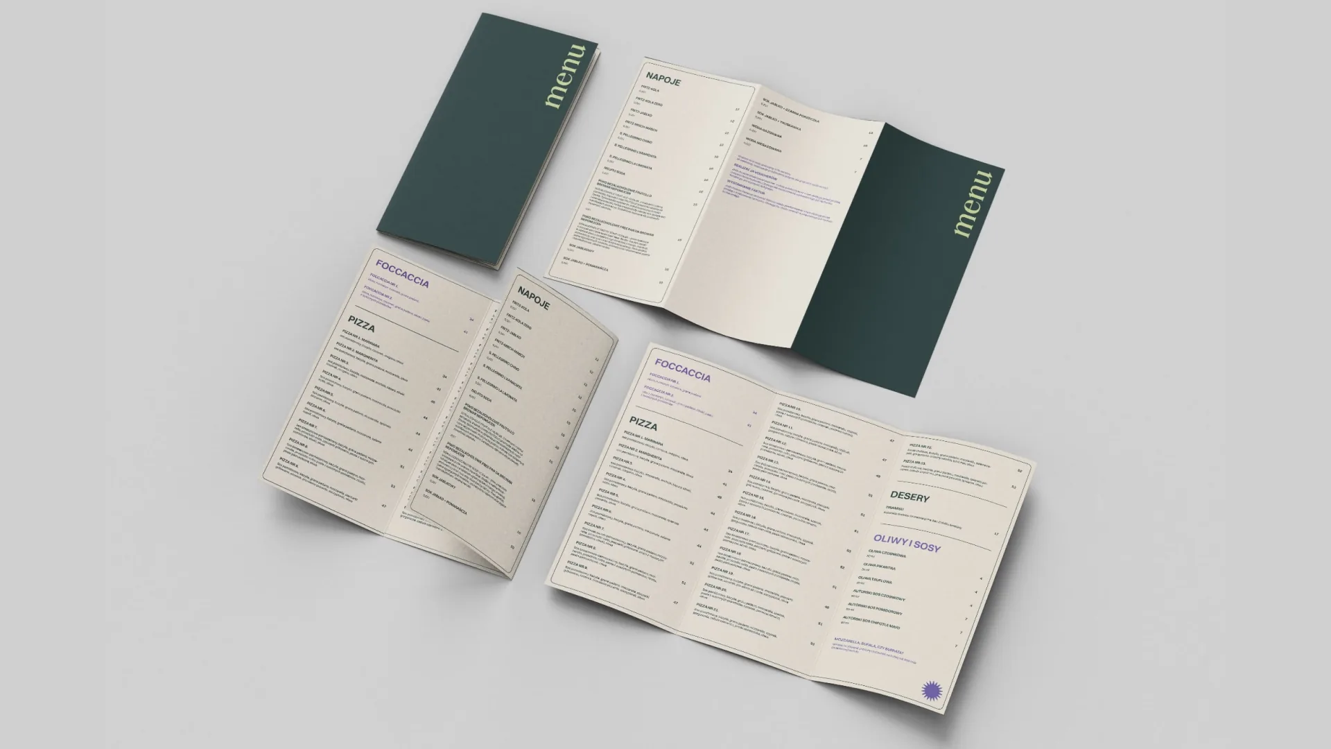 Mockup menu Złotego Pieca — bottle-green okładki i wnętrze trójdzielne