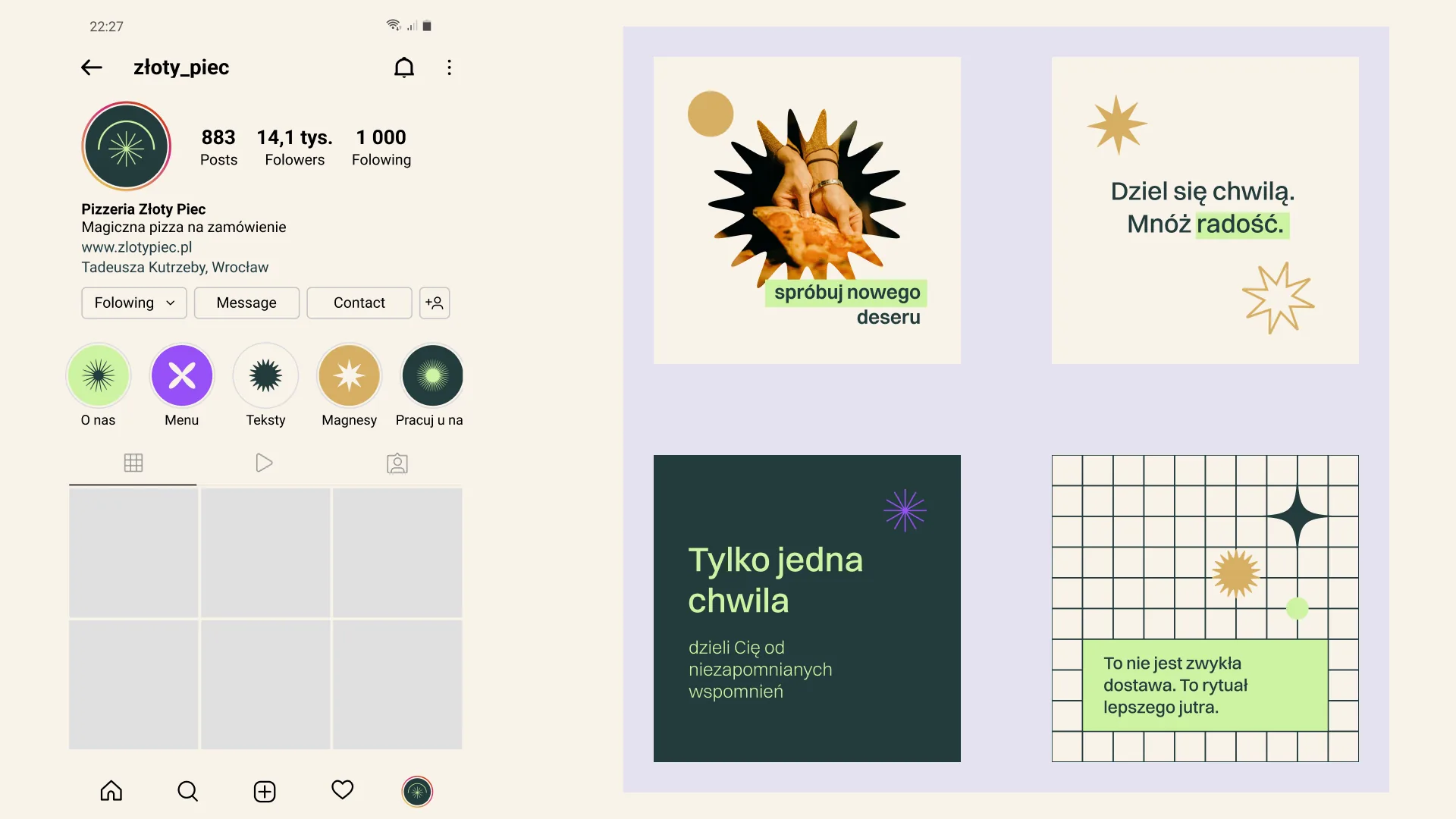 Mockup profilu Instagram @zloty_piec z highlights i siatką postów